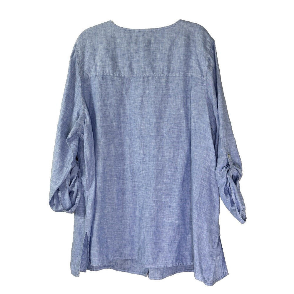Tahari Womens 3X Linen Top Button Down Blouse Roll Tab Sleeve Coastal Cottage - Picture 3 of 11